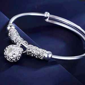 Sterling Silver Resizable Ball Charm Bangle Bracelet